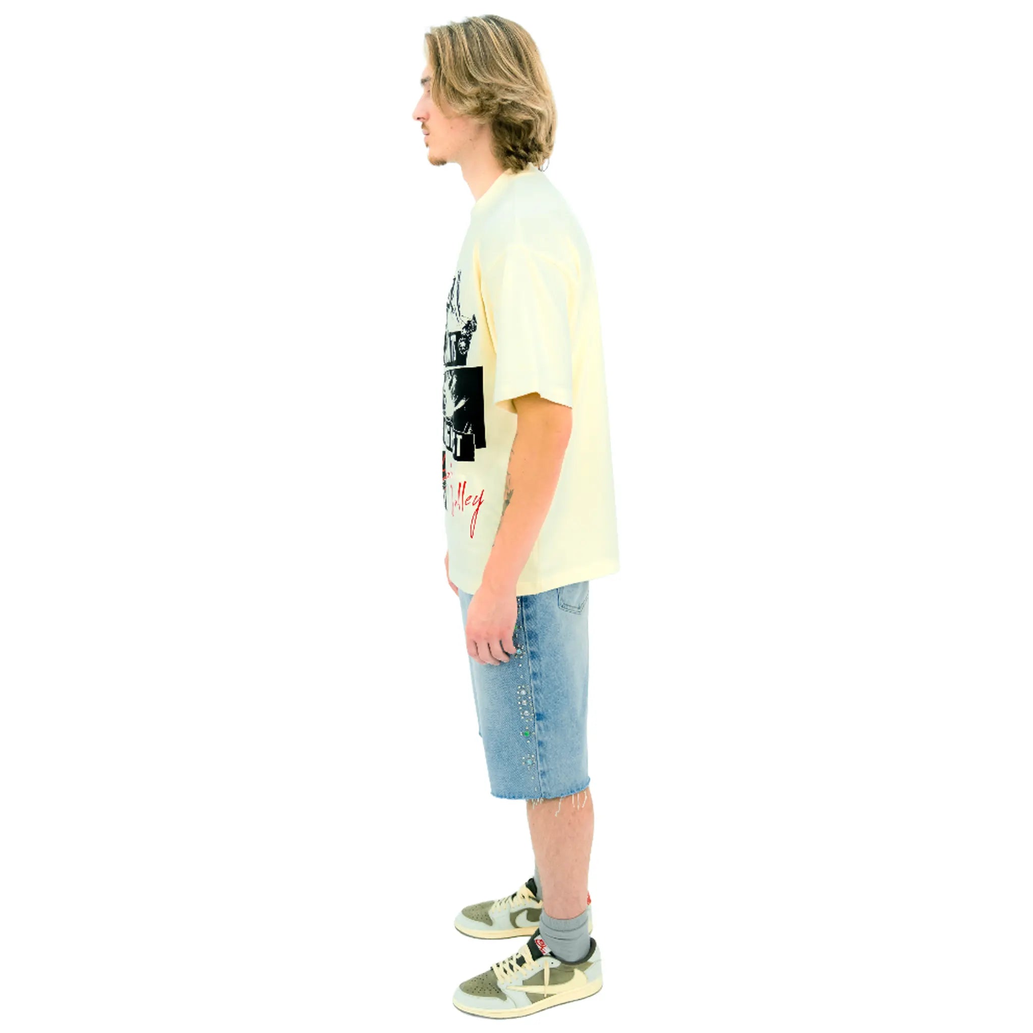 Side View of Suavo World Stud Denim Blue Shorts